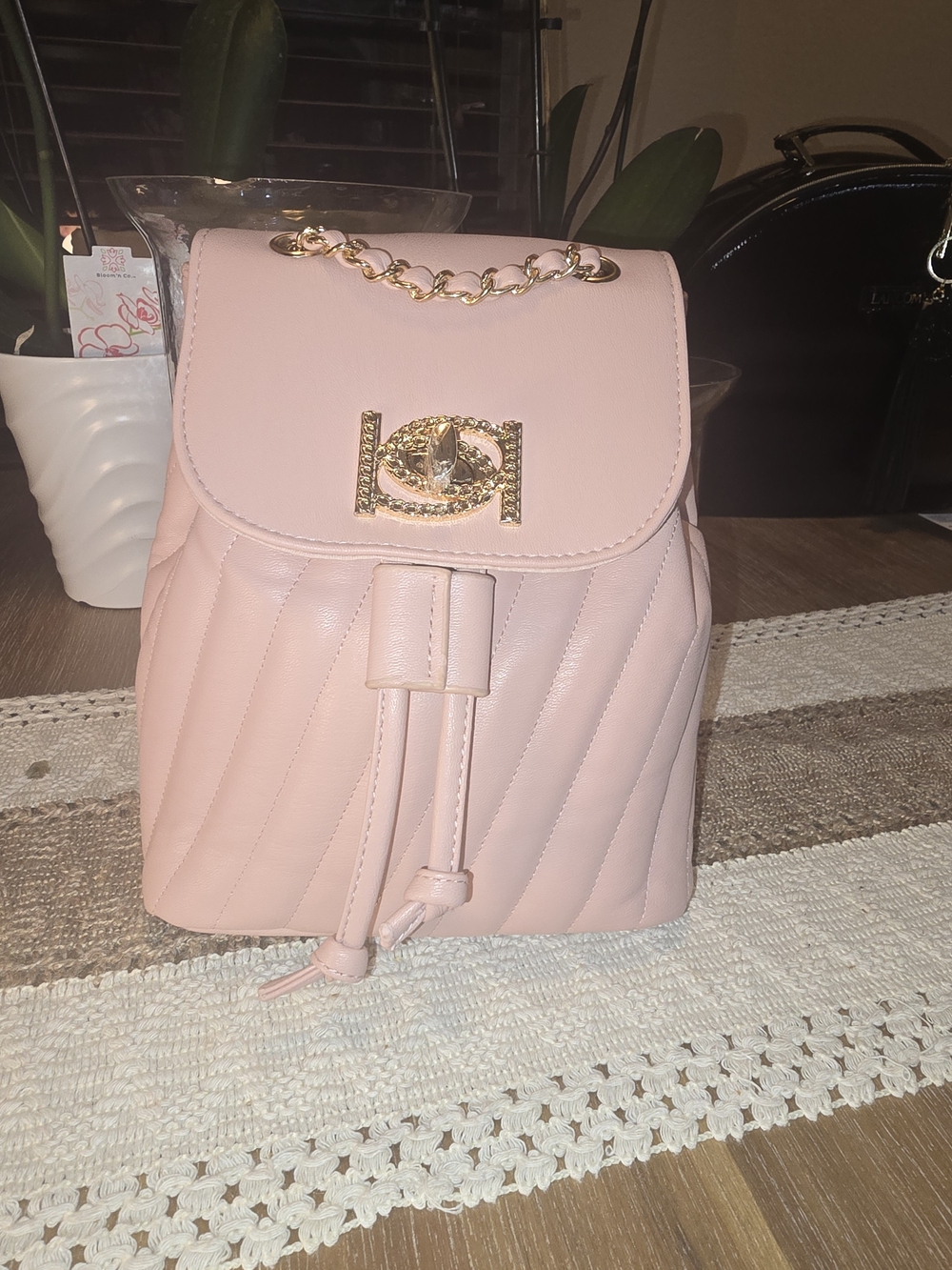 Blush Pink Quilted Bebe Hera Bag With Drawstring Backpack Purse